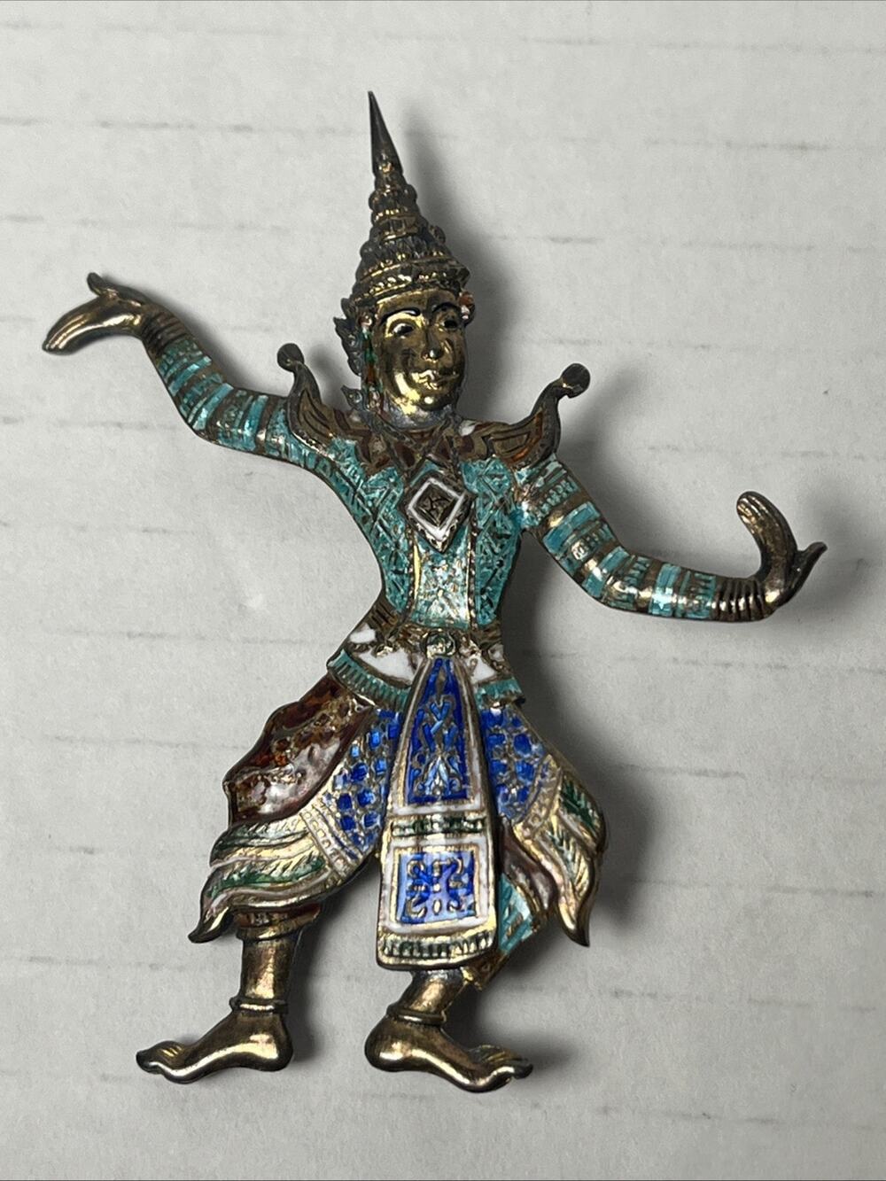 Vintage Siam Sterling Silver Enamel Thai Dancer Brooch Pin 2” Multicolor